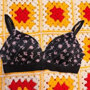 Victoria's Secret Black Bralette with Pink Floral Print and Thin Straps